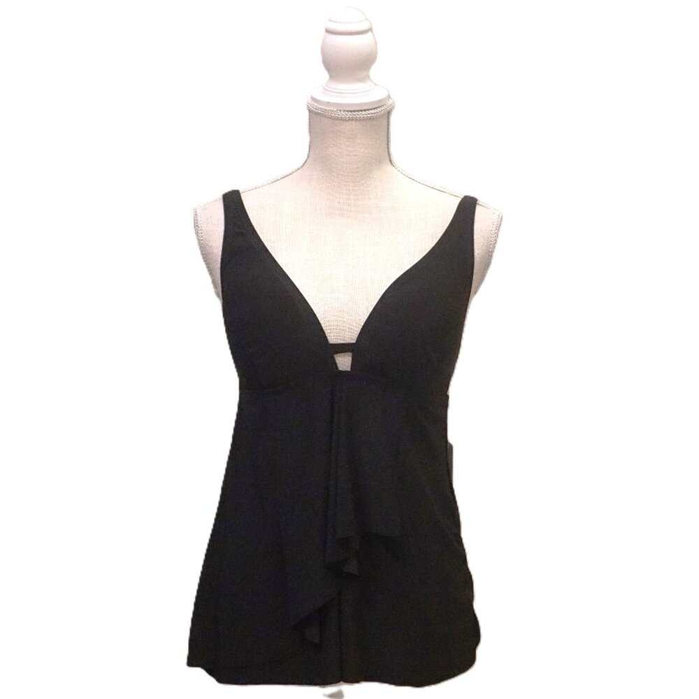 Beyond Control Black Tankini Top Adjustable Straps Tiered Ruffles Women’s Size 8